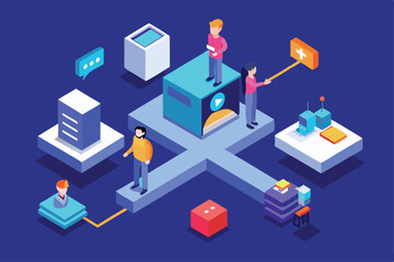 Poster - Users are actively engaging with technology, showcasing digital communication and interactions in a virtual space, Customizable isometric illustration for referring a friend.
