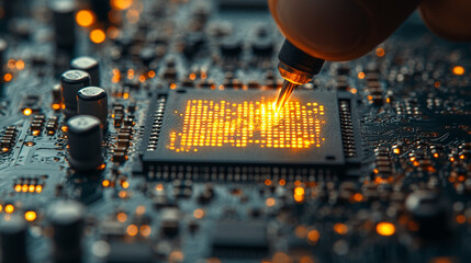 A close-up view of a person applying light to a microchip, showcasing technology and innovation in electronics.