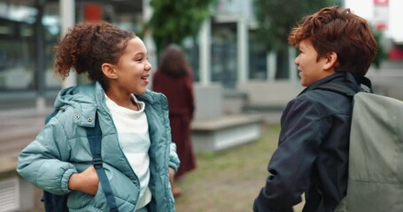 Aufkleber - Outdoor, children and high five in school for education, greeting or walking to classroom for learning. Campus, students or kids with hand gesture for hello, excited or ready for academic development