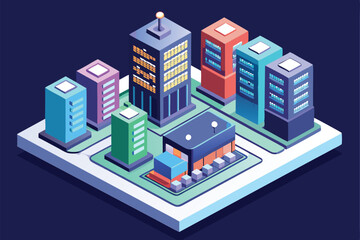Poster - A detailed illustration showing server buildings arranged in a digital environment, suitable for customization, Customizable isometric illustration for servers.