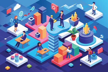 Poster - people collaborate and engage in business activities within a colorful, isometric design illustratin