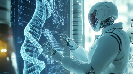 Poster - A humanoid robot examines a digital representation of a DNA helix.