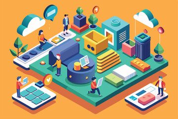 Poster - A vibrant workspace showcases people using tech and tools, highlighting collaboration and customization, Customizable isometric illustration for subscribers.