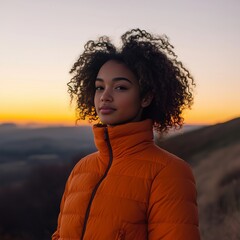 A woman with curly hair stands in an orange jacket against a sunset backdrop, showcasing natural beauty and serenity in a scenic outdoor setting.