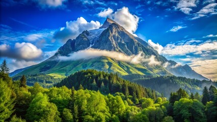 Peak of the mountain glistens brightly under a veil of cerulean blue sky surrounded by lush green forest.