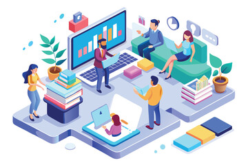Poster - A vibrant illustration depicting a dynamic webinar setting with diverse participants collaborating online, Customizable isometric illustration for webinars