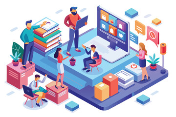 Poster - Isometric illustration of diverse people collaborating in a tech-driven webinar setup, Customizable isometric illustration for webinars