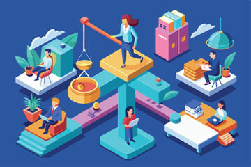 Poster - illustration showcases various professionals engaged in tasks, emphasizing work-life balance and pro