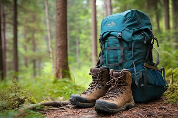 hiking backpack and boots in the forest