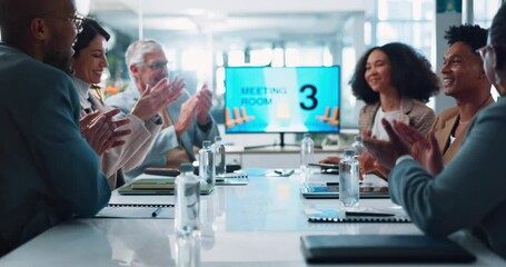 Canvas Print - Business people, handshake or meeting with applause for teamwork, success or promotion at conference. Excited, group and employees shaking hands or clapping for collaboration or negotiation at office