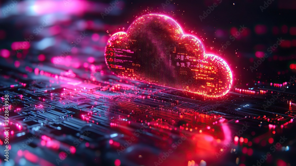 A futuristic 3D animation visualizes cloud computing technology merging ...