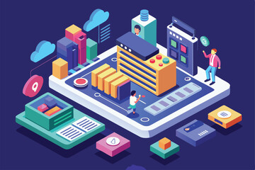 Poster - This illustration depicts various digital information management activities in a vibrant isometric style, Customizable isometric illustration in information tab.