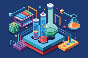 Poster - A vibrant isometric design showcasing laboratory glassware, books, and scientific tools in use, Customizable isometric illustration of a beaker in chemistry.