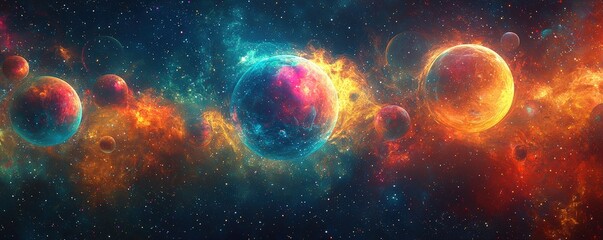 Poster - Vibrant Glowing Spheres in Cosmic Space