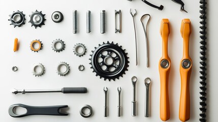 Poster - bicycle parts and tools on white background 