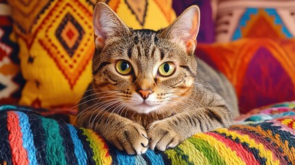 Stylish cat lounging on a bohemian blanket, sunlit room, trendy decor, watercolor style