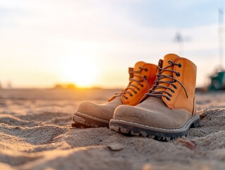 Pair of brown leather boots on a sandy beach at sunset.