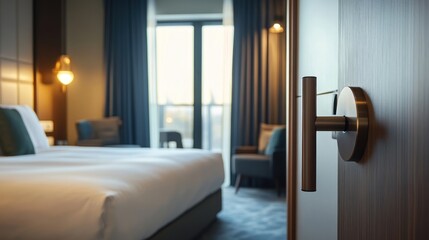 Poster - A modern hotel room viewed through an open door, showcasing luxury and comfort.