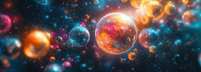 Poster - Vibrant Glowing Spheres in Cosmic Color Display