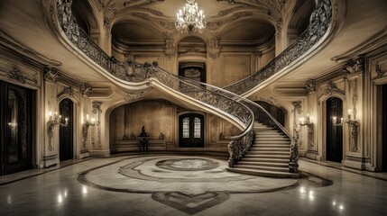 Canvas Print - Elegant grand staircase in a luxurious, ornate hall with intricate design and soft lighting.