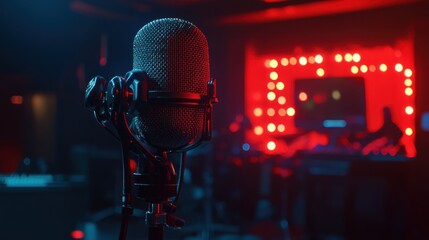 Wall Mural - A close-up of a microphone in a vibrant, illuminated studio setting.