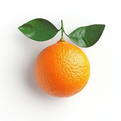 a vibrant orange fruit with green leaves on a white background.