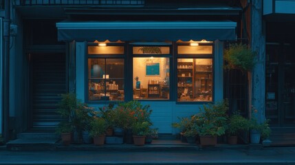 Wall Mural - A cozy shop illuminated at dusk, showcasing plants and inviting interior displays.