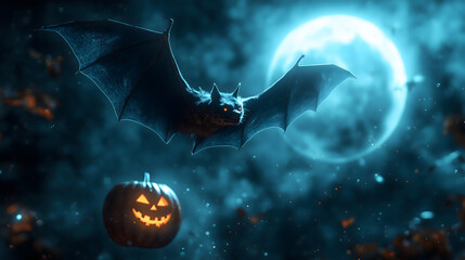 Halloween background featuring pumpkins, bats, and a spooky night sky with a full moon