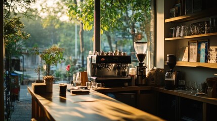 Poster - Cozy café interior with sunlight, coffee equipment, and a serene atmosphere.