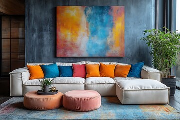 Wall Mural -  Minimalist interior design of modern living room with sofa with colorful pillows. 