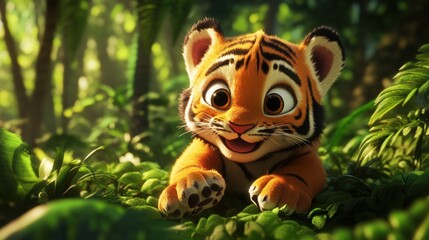 Poster - A playful young tiger cub explores a lush jungle environment with a joyful expression.