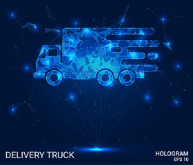 Wall Mural - Hologram delivery truck. Delivery truck made of polygons, triangles, dots, and lines. Low-poly delivery truck structure of connections. Technology concept vector.