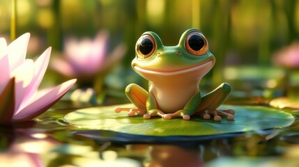 Wall Mural - A cheerful frog sits on a lily pad amidst blooming flowers in a tranquil pond setting.