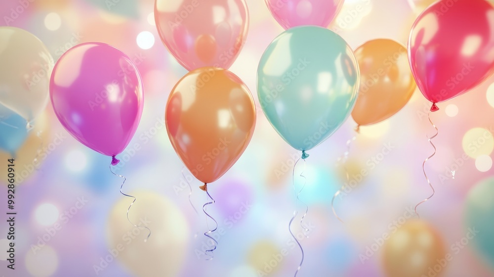 Multicolored helium balloons suspended in a vibrant backdrop. Perfect for birthdays, parties, weddings, or promotional materials. A lively illustration in soft hues.