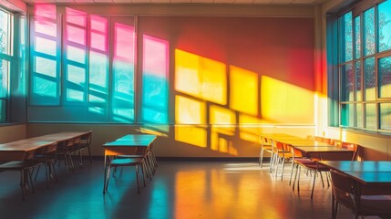 Panoramic windows flood a bright classroom with natural light, blurring the vibrant hues of the room into an abstract canvas. The emptiness echoes with the promise of knowledge and inspiration.