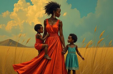 African woman with children, bright colors. Generative AI tools