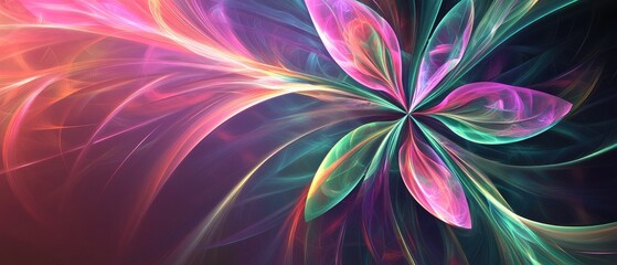 Poster - Vibrant high resolution fractal background featuring a detailed abstract flower star with four petals showcasing shades of pink purple and green