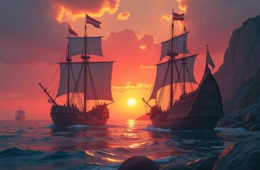 Wooden Viking ships on the open sea. Middle Ages. Computer game and illustration for children's book. Generative AI tools