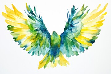 Poster - Enchanting watercolor wings adorned with sparkling green and turquoise shades complemented by vibrant yellow feathers