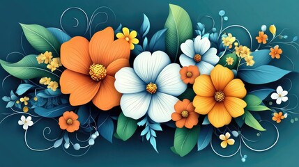 Poster - Colorful 2D cartoon floral bouquet with a decorative frame ideal for spring cards and invitations