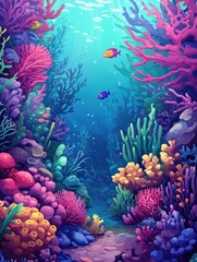 Vibrant underwater scene featuring colorful seaweeds corals and fish 2D cartoon illustration of an aquatic environment filled with diverse marine life in a fantasy setting