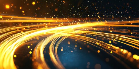 Abstract light trails of high speed motion featuring sparkles and golden hues Glowing curves and dynamic lines represent movement and energy