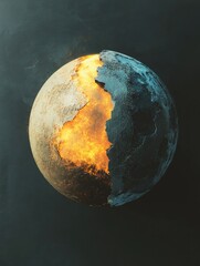 Poster - Fantasy 3D rendering of an abstract Earth featuring a yellow and orange gradient with a blue section on the right set against a dark grey background