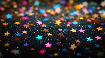 Wall Mural - colorful sparkling stars scattered across a black space in a vibrant 3d illustration