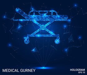 Wall Mural - Hologram medical gurney. Medical gurney made of polygons, triangles, dots, and lines. Low-poly medical gurney structure of connections. Technology concept vector.