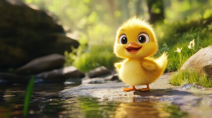 Poster - A cute, animated yellow chick stands by a serene stream in a lush, vibrant forest.