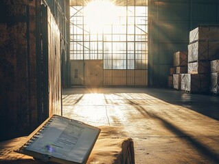 A cargo manifest clipboard is positioned on a pallet of boxes in an aircraft hangar, with sunlight illuminating the space from overhead doors, showcasing air logistics organization