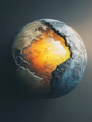 Poster - Fantasy 3D rendering of an abstract Earth featuring a yellow and orange gradient with a blue section on the right set against a dark grey background
