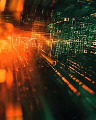 Poster - Fantasy dark orange and green illustration featuring a technology theme with a computer network backdrop binary numbers infographics and pixel effects in motion blur