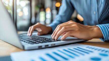 Poster - A person typing on a laptop with graphs on a table, indicating work or analysis.